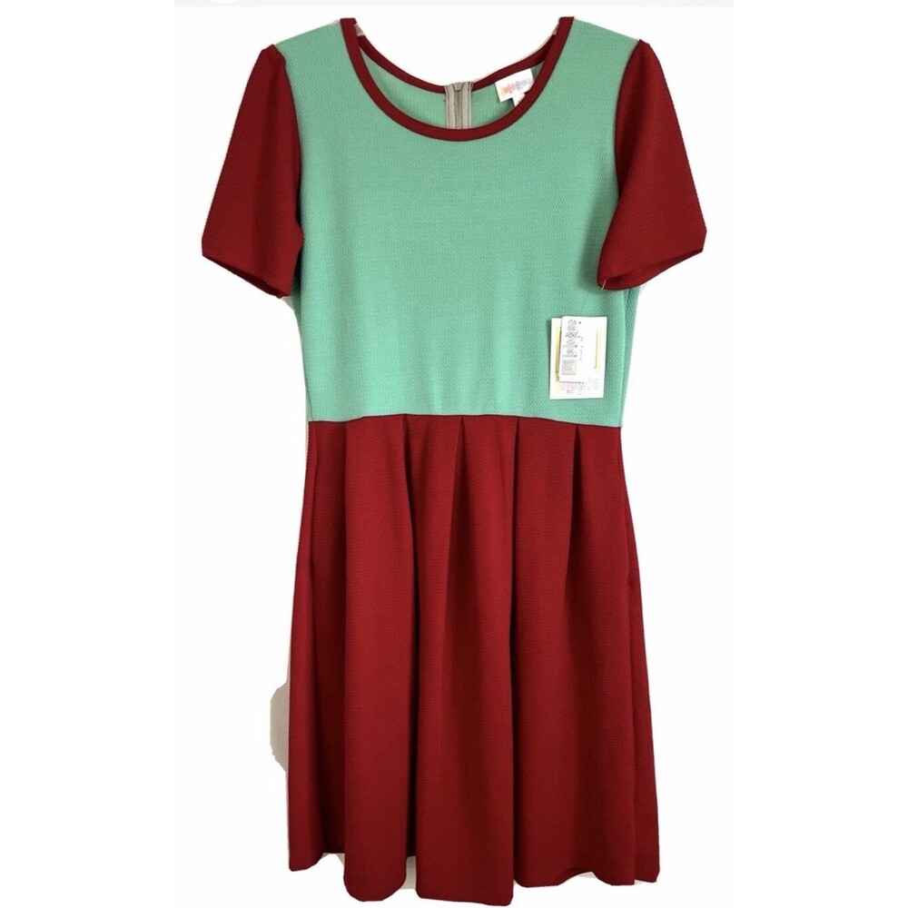 New LuLaRoe Amelia Fit Flare Dress Green Red Sz XL Pockets Back Zip Women